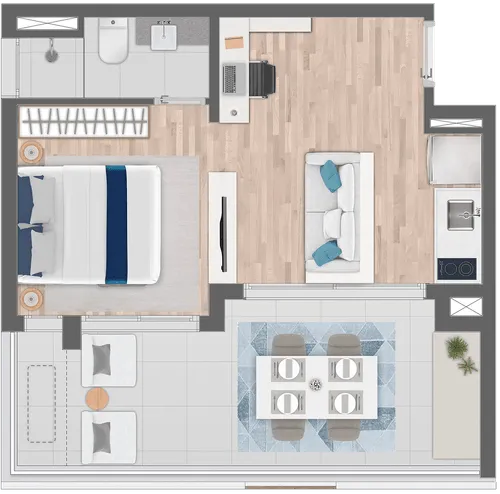 perspectiva ilustrada da 1 dorm 42m² 